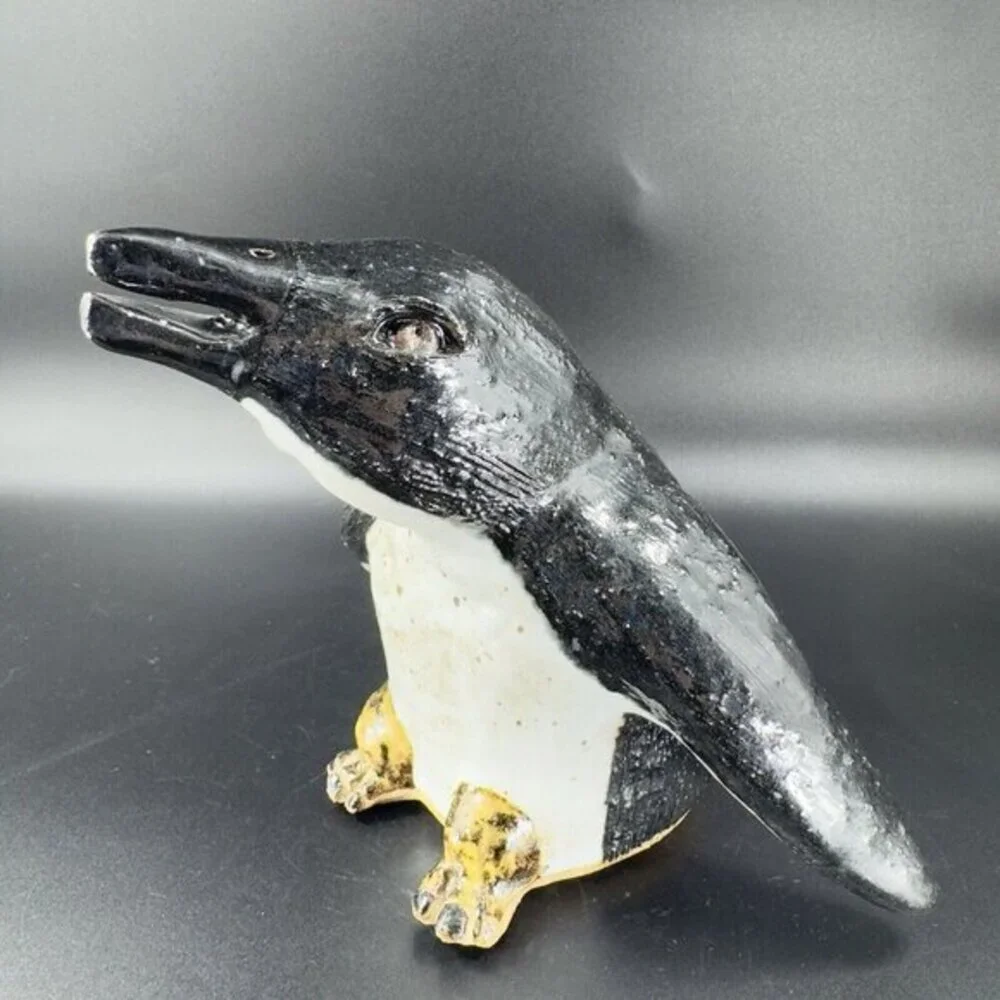Large Hand Made‎ Pottery Penguin Bird Figurine Stoneware Figure Paperweight VTG